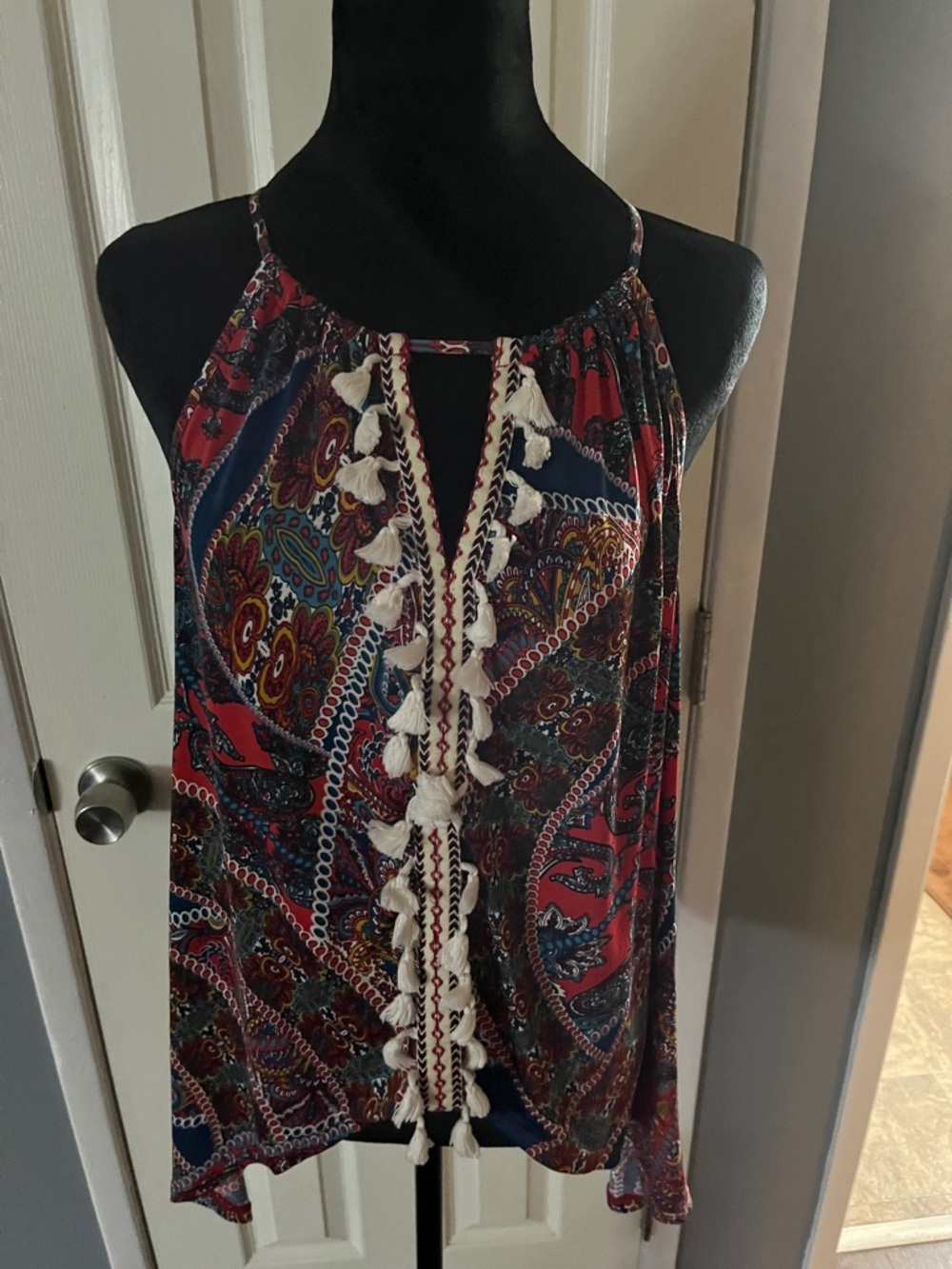 VENUS Multicolor Paisley Tassel Halter Tank Top - Red & Blue